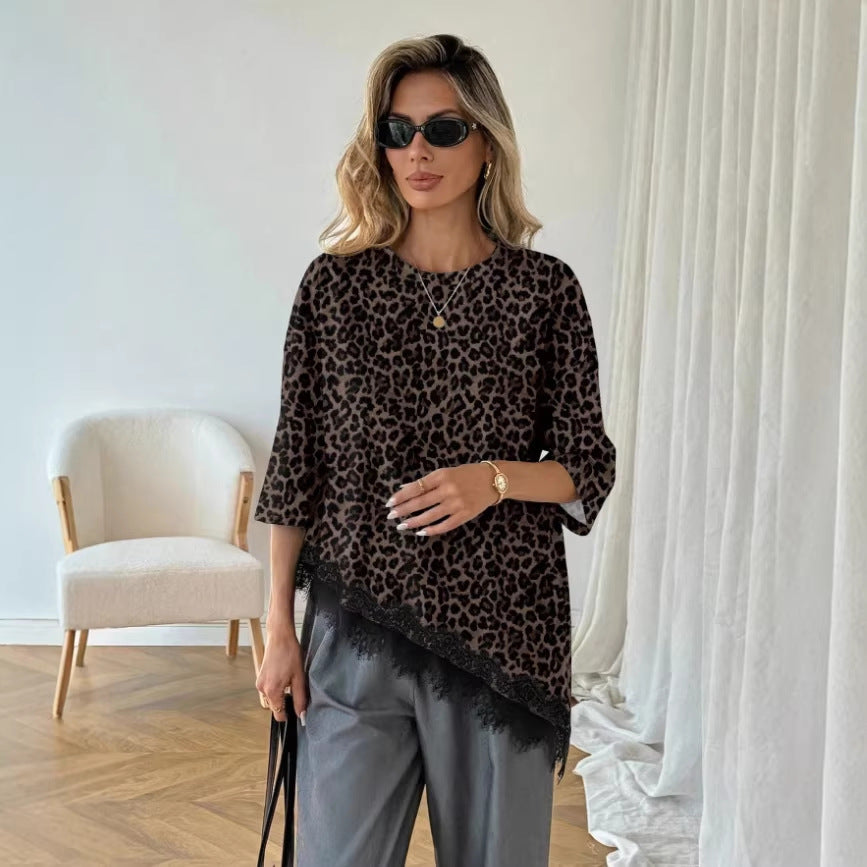 Polka-dot Top Asymmetric Lace-panel T-shirt For Women