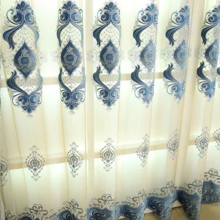 Blue Chenille Embroidered Curtains for Living Room Bedroom and Villa