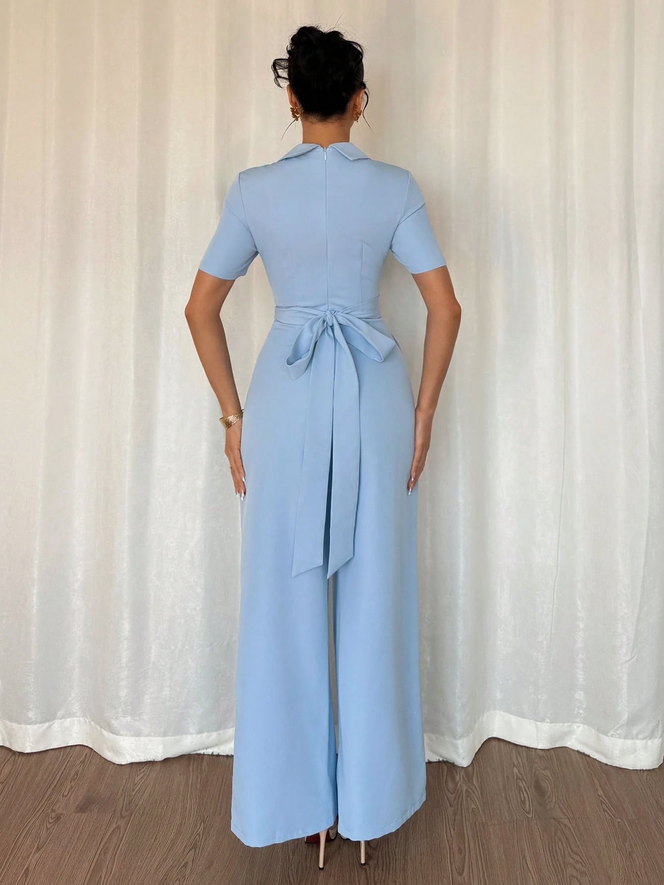 Women's Blue Off-Shoulder Belted Slim Jumpsuit