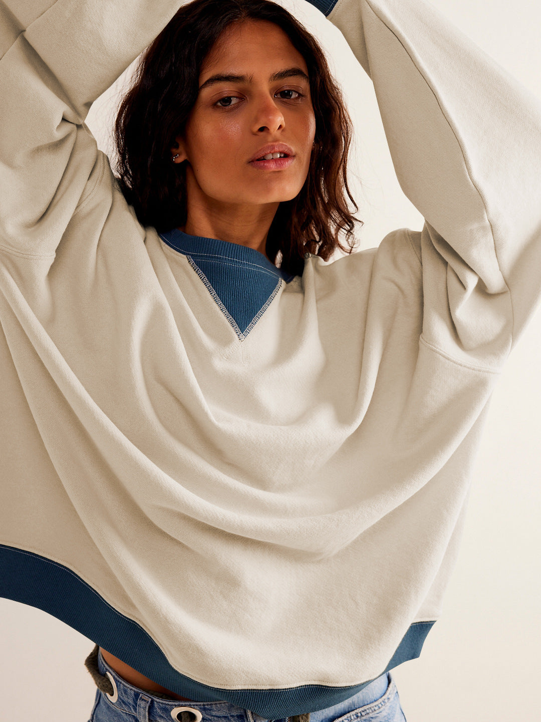Color-Block Lantern Sleeve Casual Pullover Sweatshirt