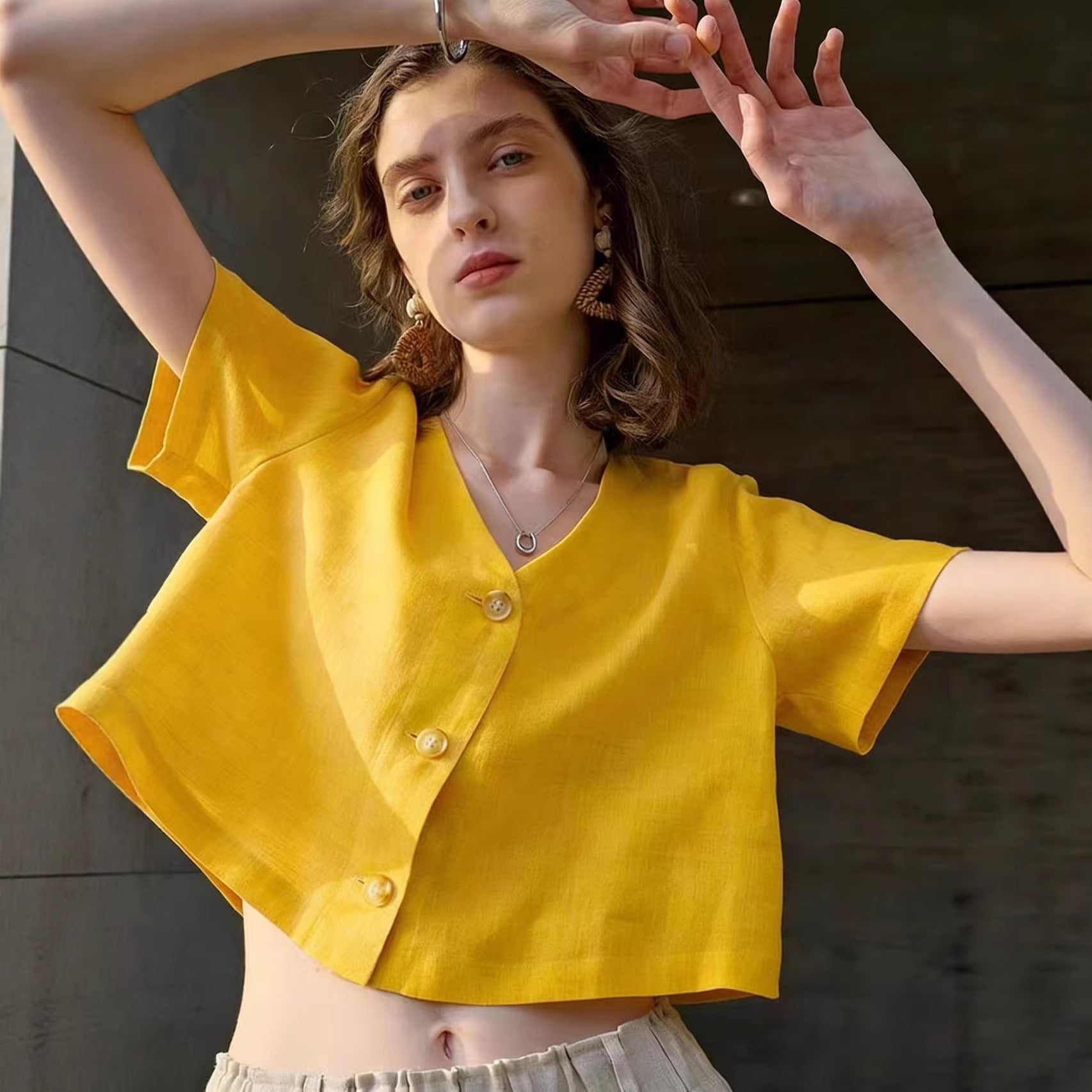 Solid-color Loose-fit Short-sleeve Womens Casual Top