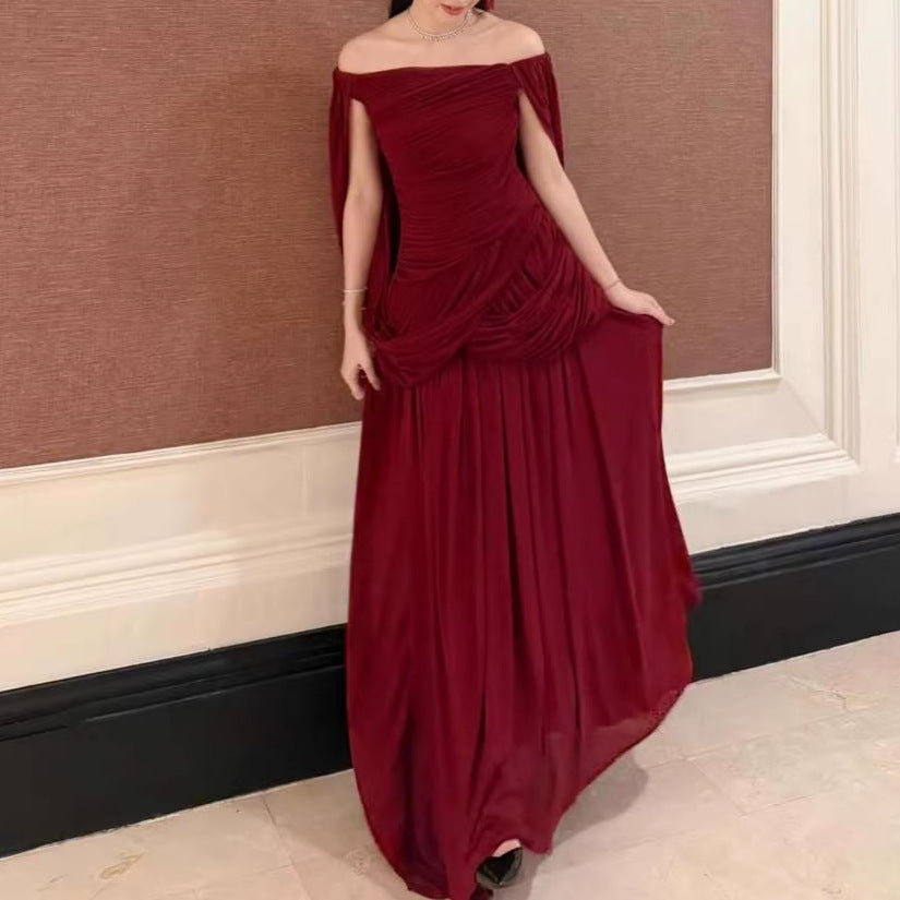 One-shoulder Pleated Strapless Evening Gown Straight-cut Dress