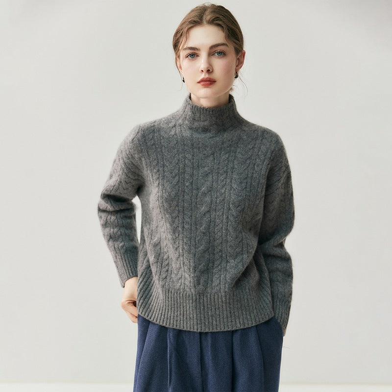 Womens Half-turtleneck Seamed Cable-knit Cashmere Sweater Elegant Artistic and Versatile for Any Look