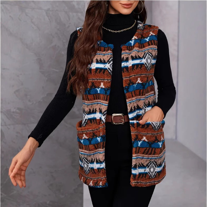 Autumn and Winter Ethnic Style Printed Large Pocket Plush Vest