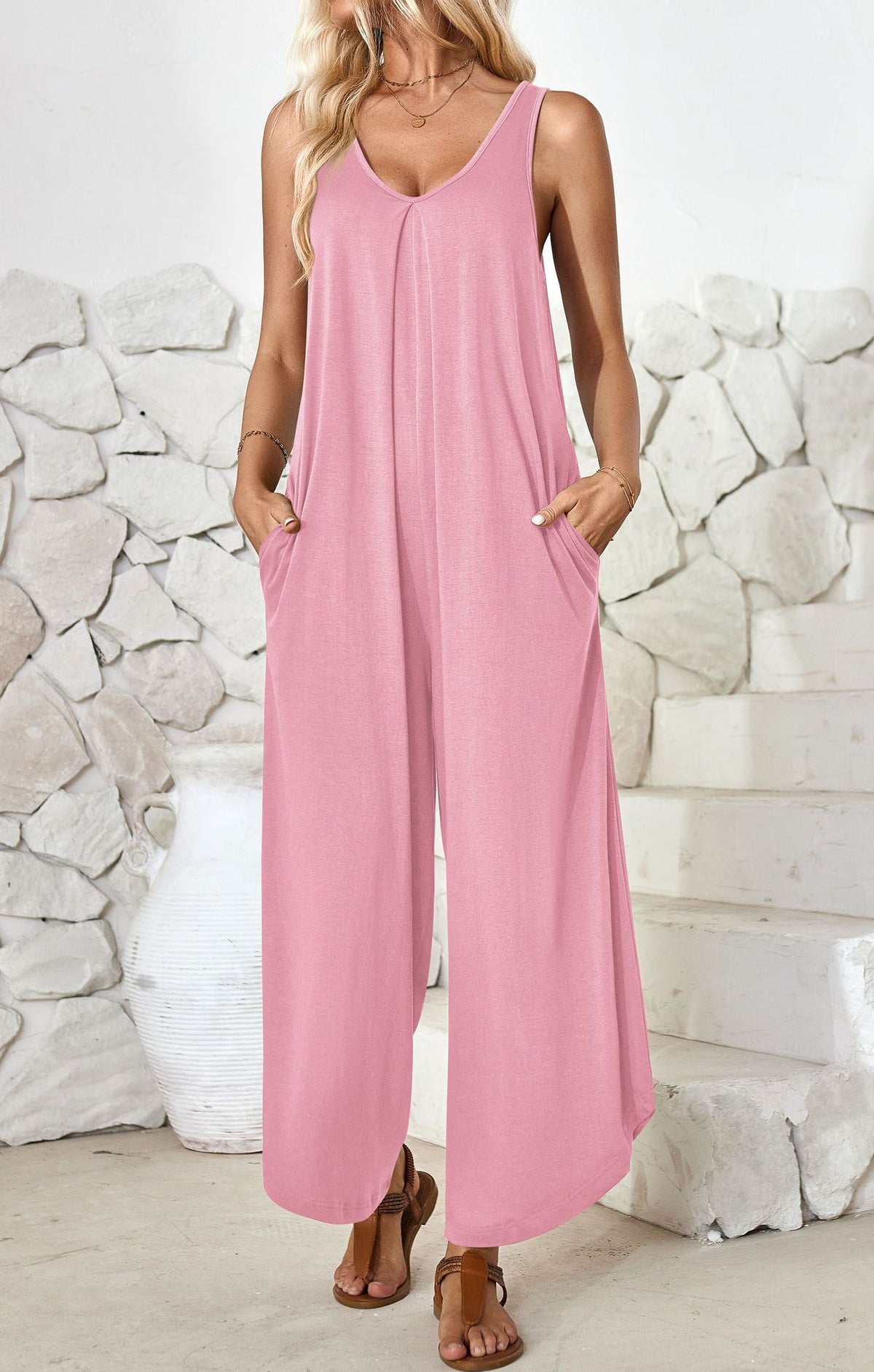 Women's Casual V-Neck Pocket Wide Leg Jumpsuit