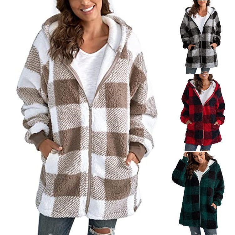 Plush Plaid Hooded Long Coat for Women
