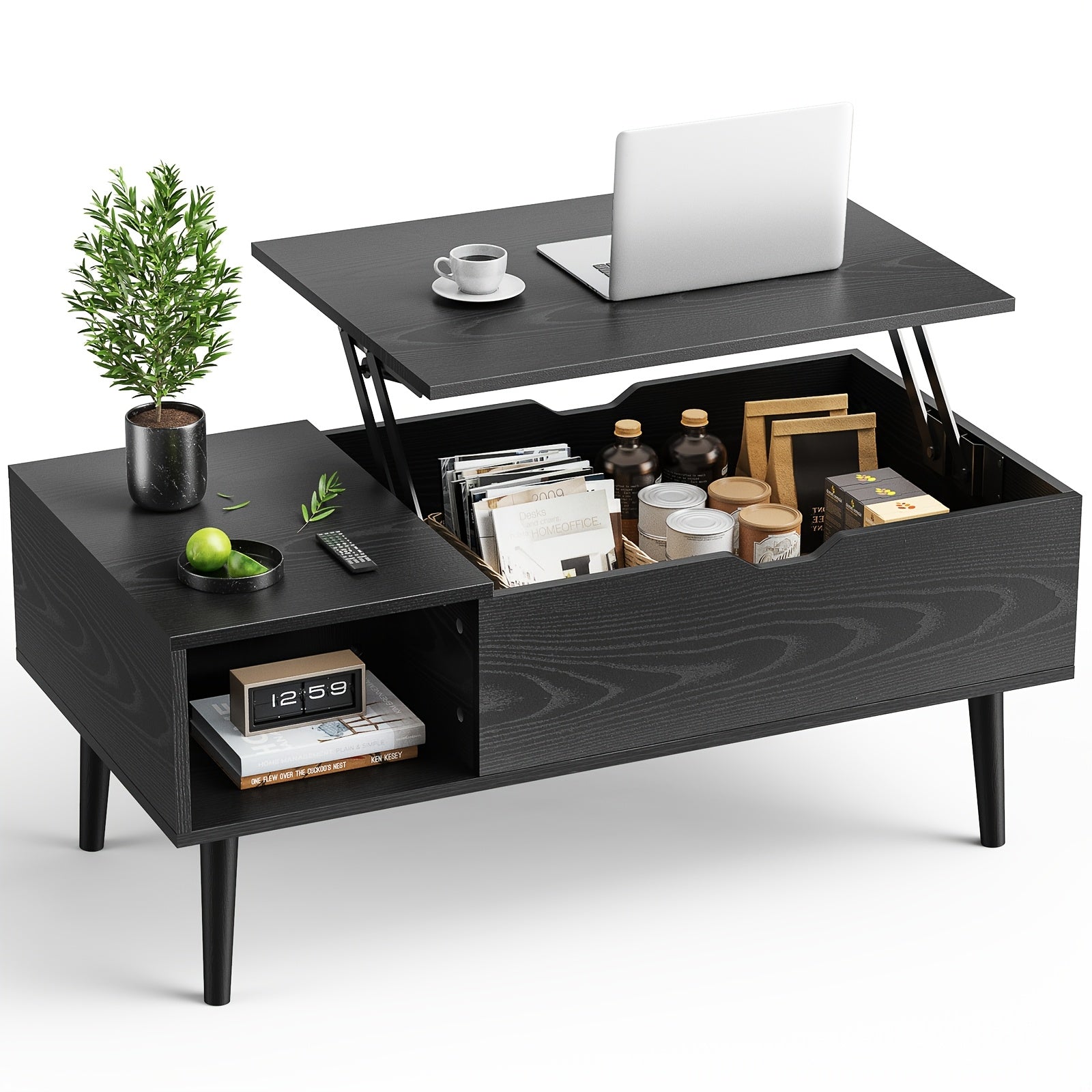 Height Adjustable Wooden Garden Coffee Table With Hidden Compartments And Storage Shelves