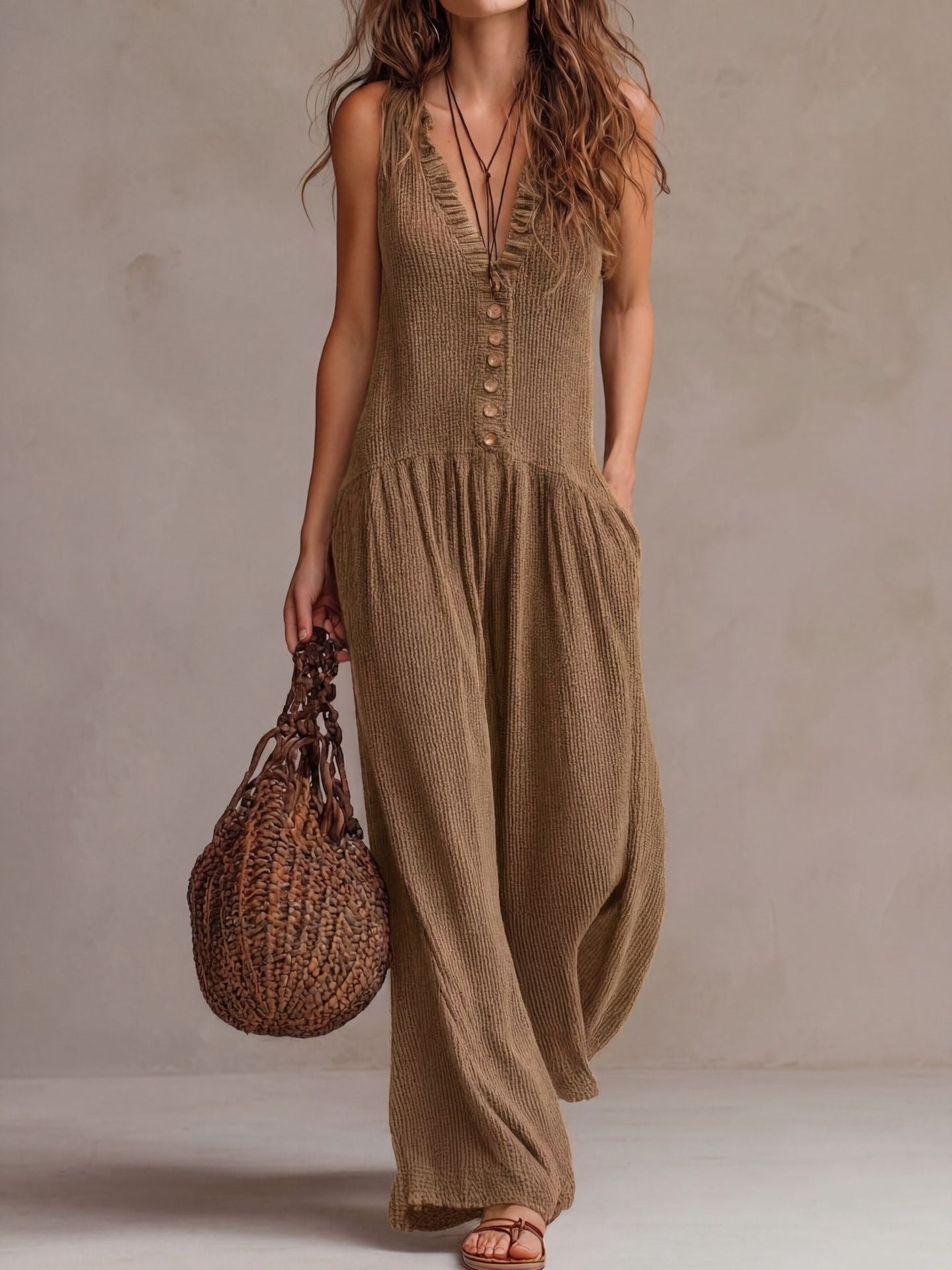 Women's Loose V-Neck Sleeveless Wide-Leg Jumpsuit
