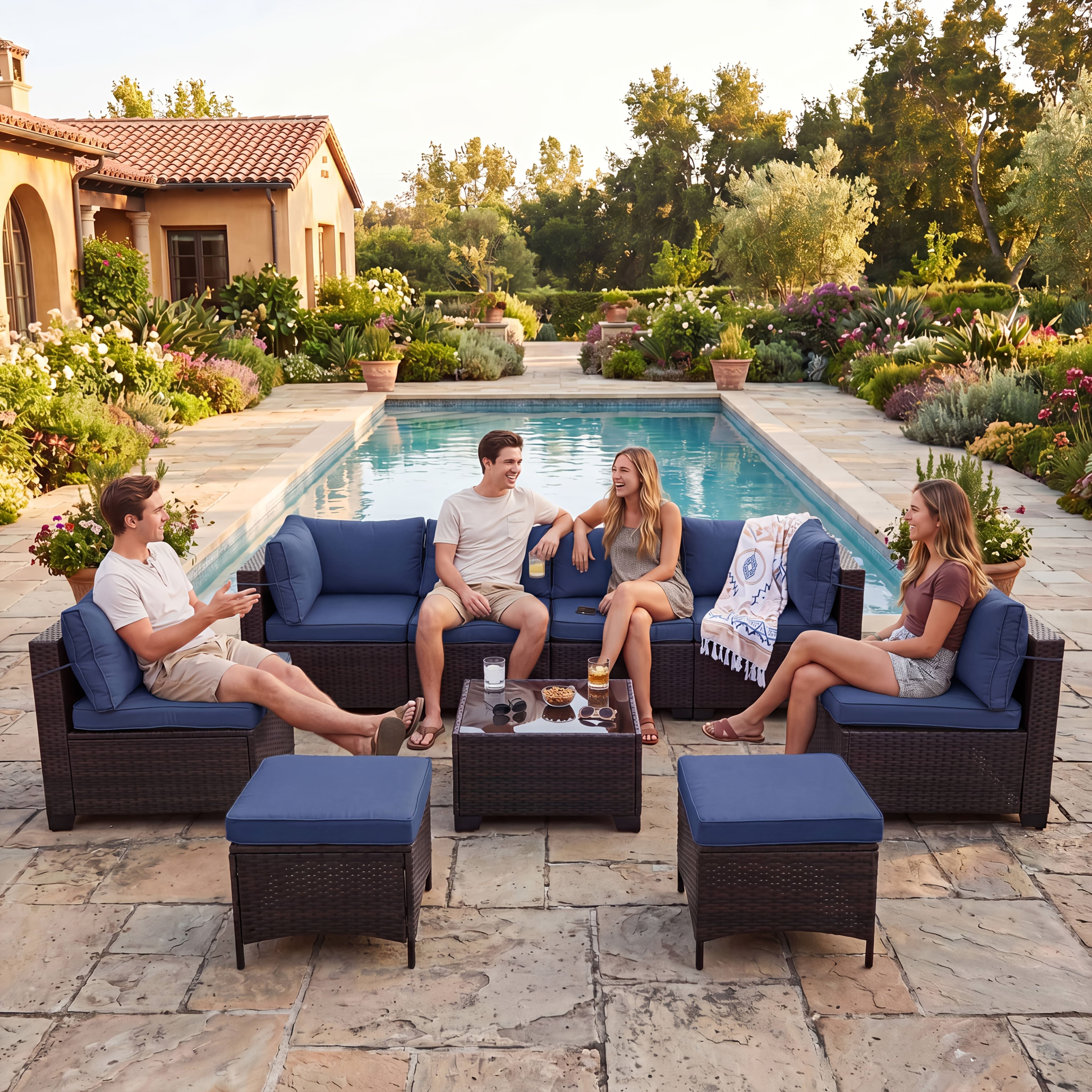 [Outdoor Patio Sets] LEVELEVE 6/7/9pcs All-Weather Outdoor Patio Furniture Sets, Rattan Conversation Sectional Set, Manual Weaving Wicker Patio Sofa with Tea Table