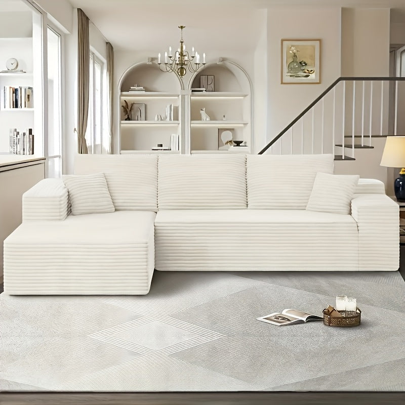 Modular L-shaped chaise longue sofa bed with deep seat and corduroy upholstery