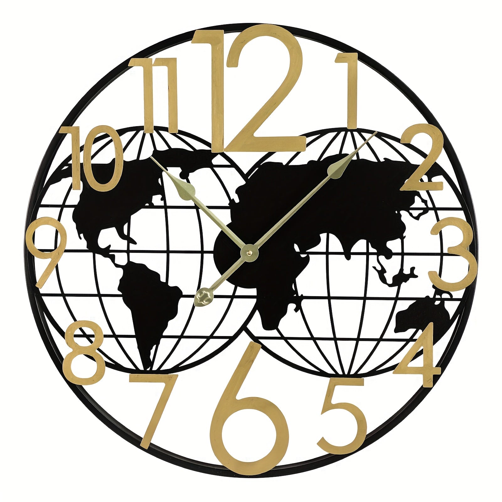 24 Inch Large Wall Clock, Metal Modern World Map Wall Clock, Golden Big Numerals Battery Operated Vintage Industrial Farmhouse Wall Clocks For Living Room Bedroom Kitchen Home Decor
