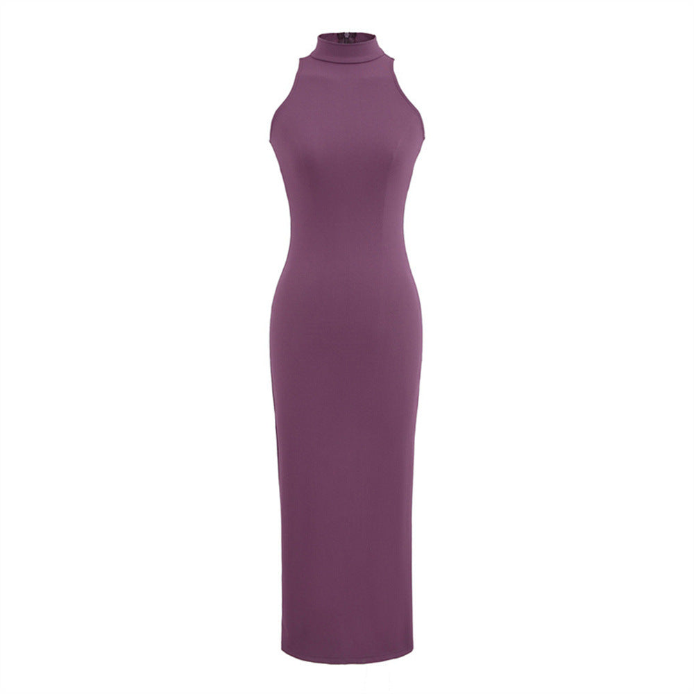 Womens Slit Sleeveless Turtleneck Casual Dress