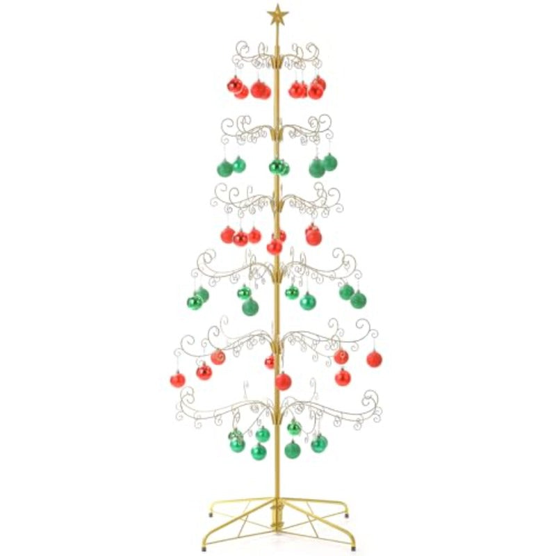 6 Ft Wrought Iron Christmas Tree Display Stand 6-Tiers Metal Ornament Holder Display Tree Gold Ornament Tree Stands with Wire Hanging Hooks for Halloween Christmas Balls Bauble Decorations Gift