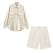 Casual Linen-Blend Pleated Shirt & Shorts Set