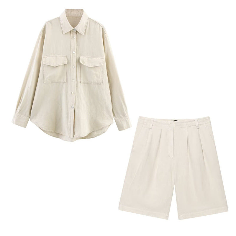 Casual Linen-Blend Pleated Shirt & Shorts Set