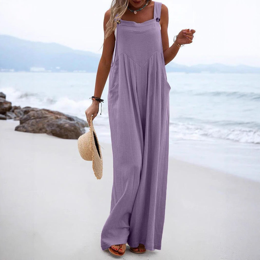 Sleeveless Wide-leg Buttoned Ethnic-style Jumpsuit