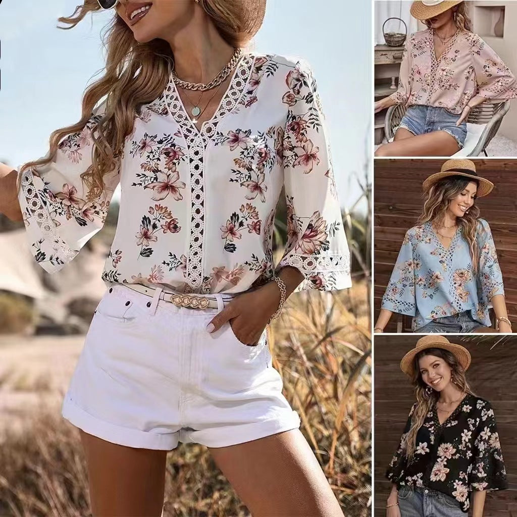 Elegant V-Neck Lace Top with Bell Sleeves – Flirty Commuting Style