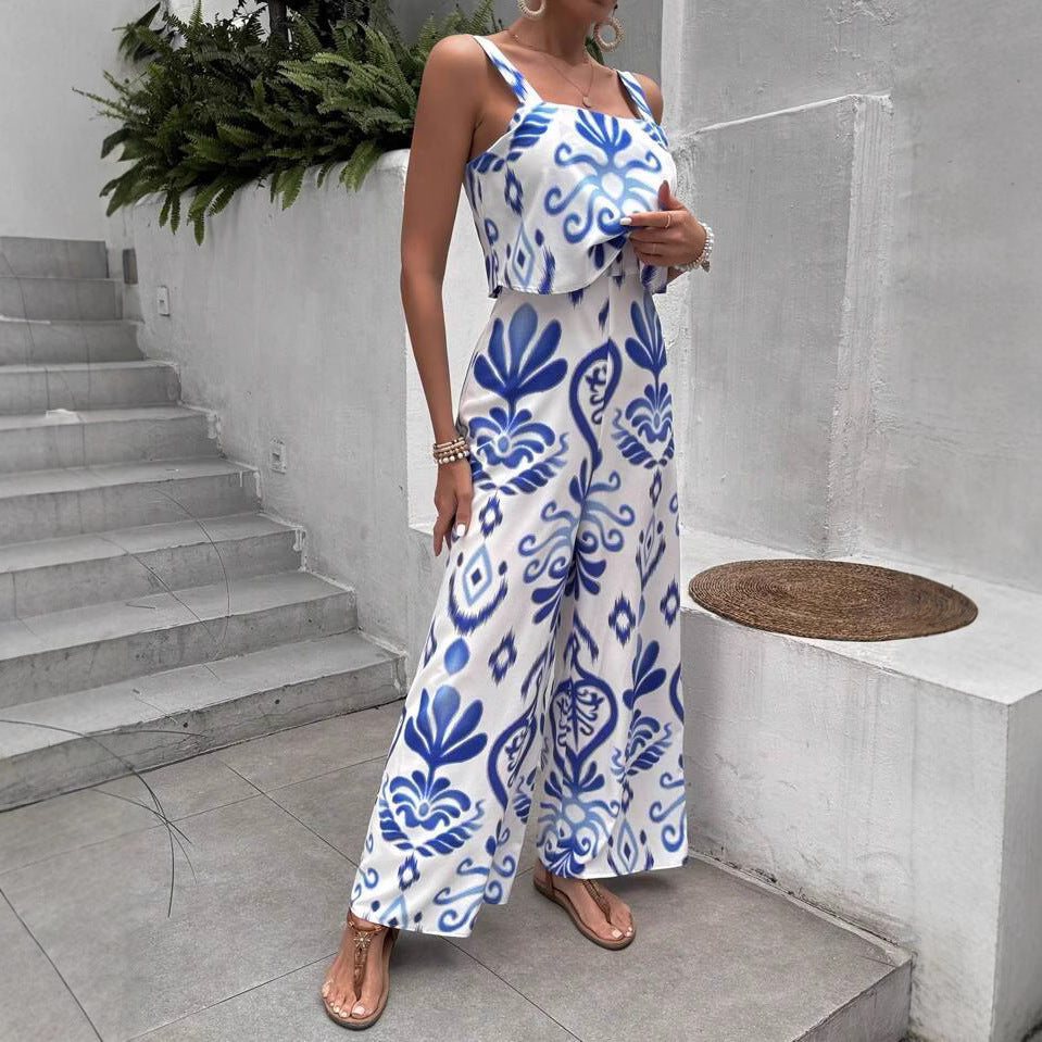 Fashionable Printed Summer Double-Layer Vest Jumpsuit With Loose Trousers