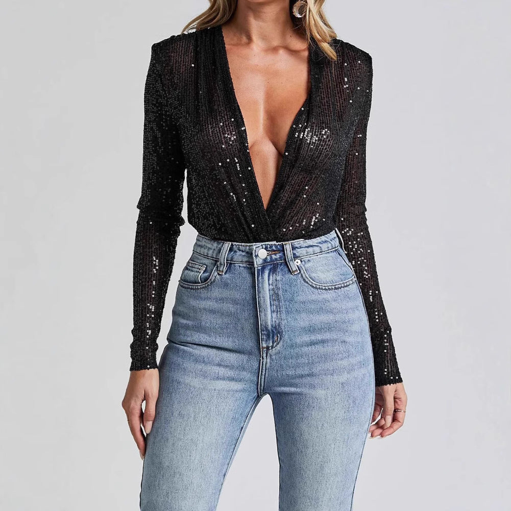 Women's Deep V Sequin Long Sleeve Jumpsuit