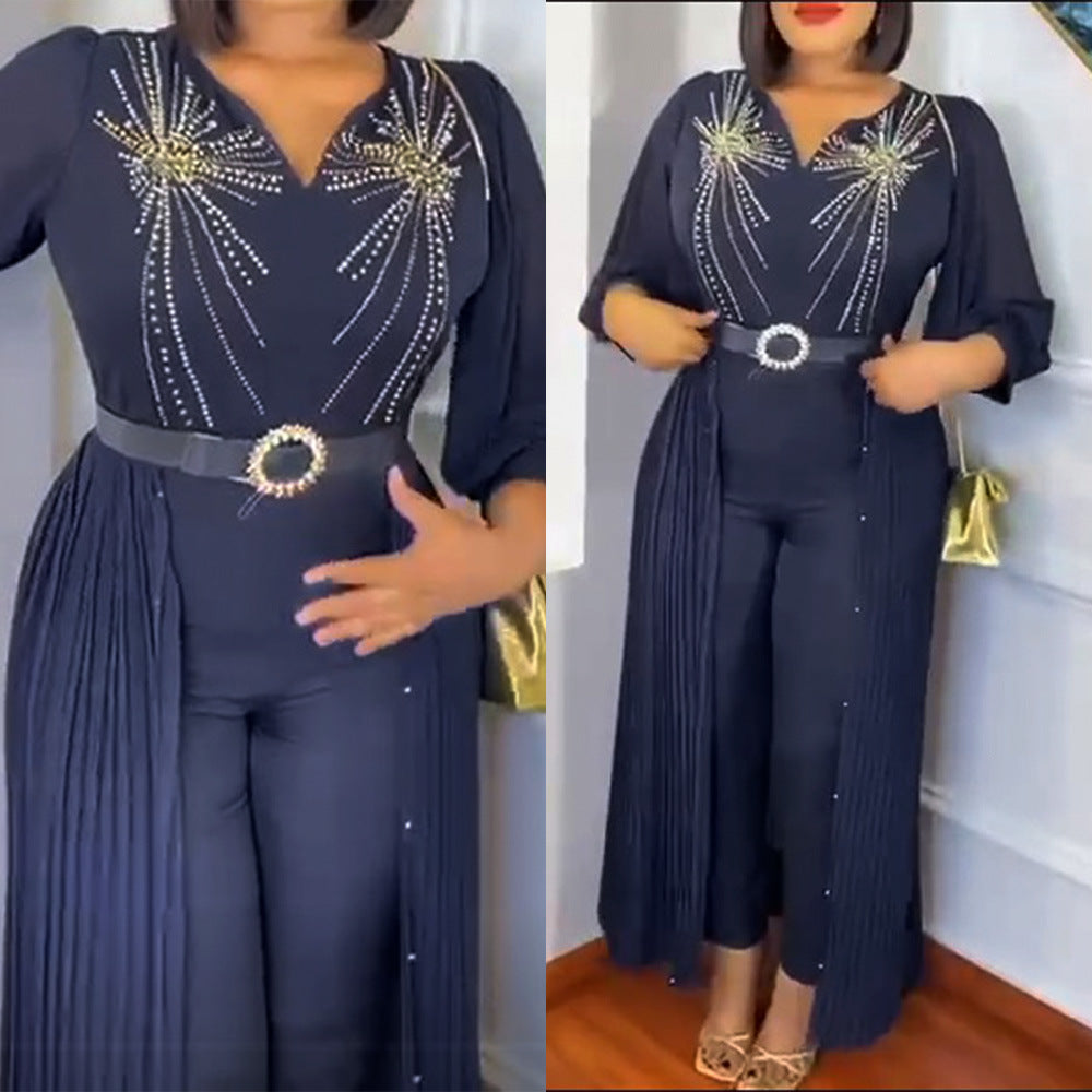 Elegant Rhinestone False Two-Piece Belted Dress