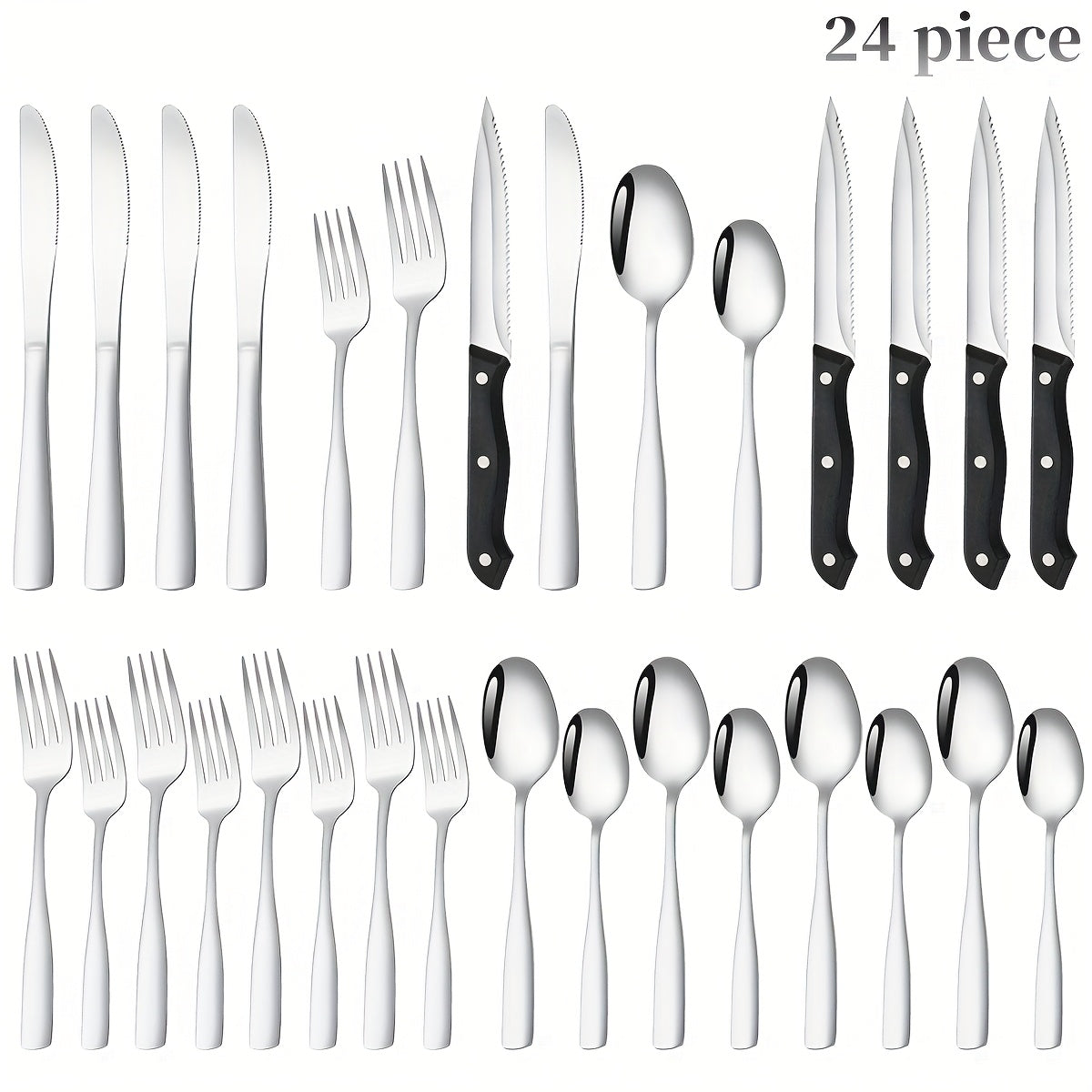 24/48PCS Black Stainless Steel Flatware Set, Mirror Polish Families Hotels Knives Forks Spoons Cutlery Set With Gift Box For 8 Persons, Durable, Mirror Polished, Dishwasher Safe, Perfect For...