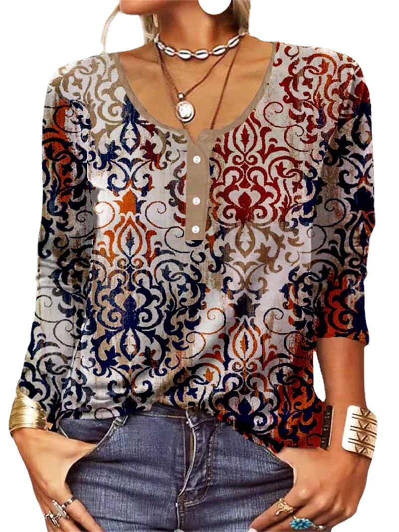 Women's Floral Geometric Long-Sleeve Button U-Neck Top