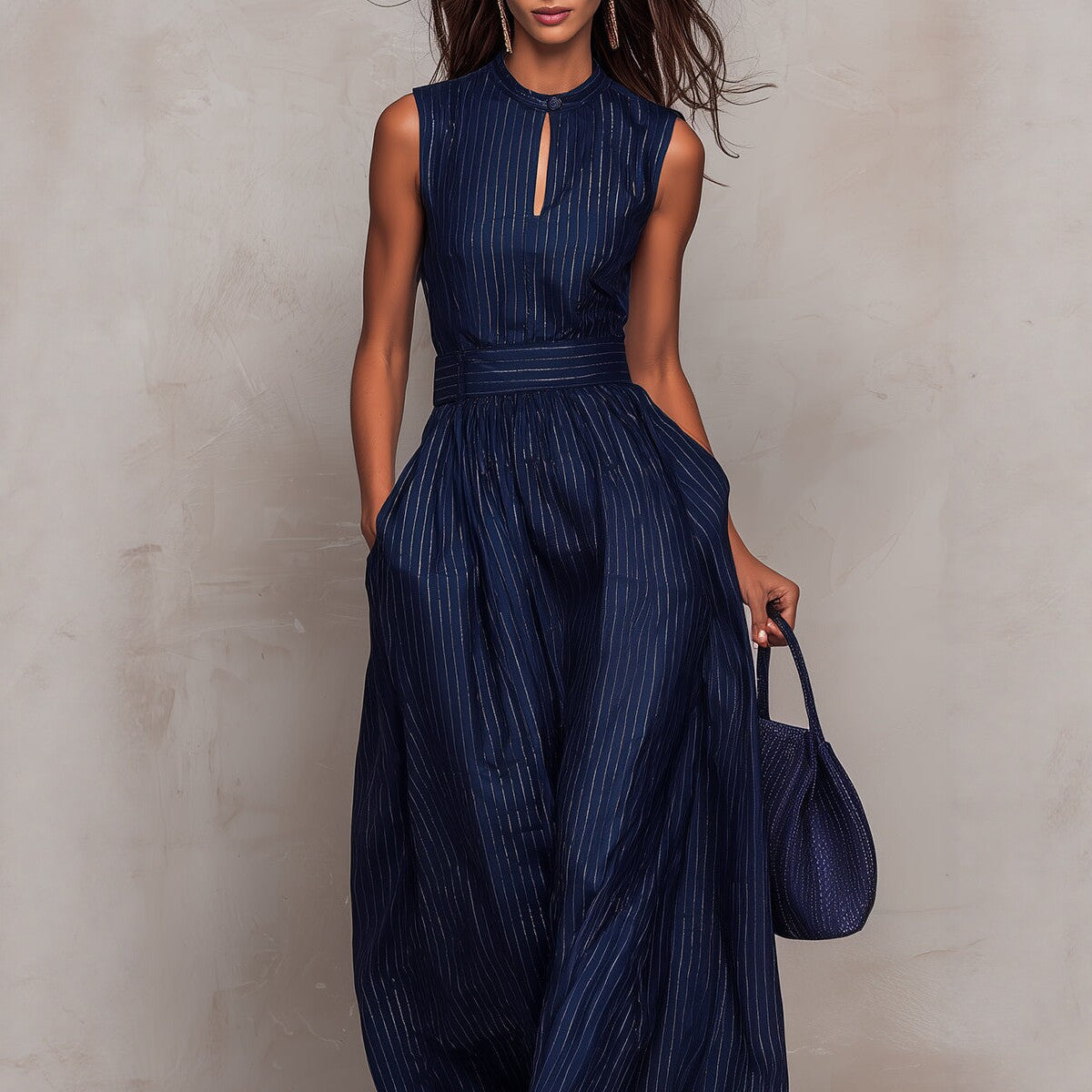 Deep Blue Striped Sleeveless Waist-Cinched Wide-Leg Jumpsuit