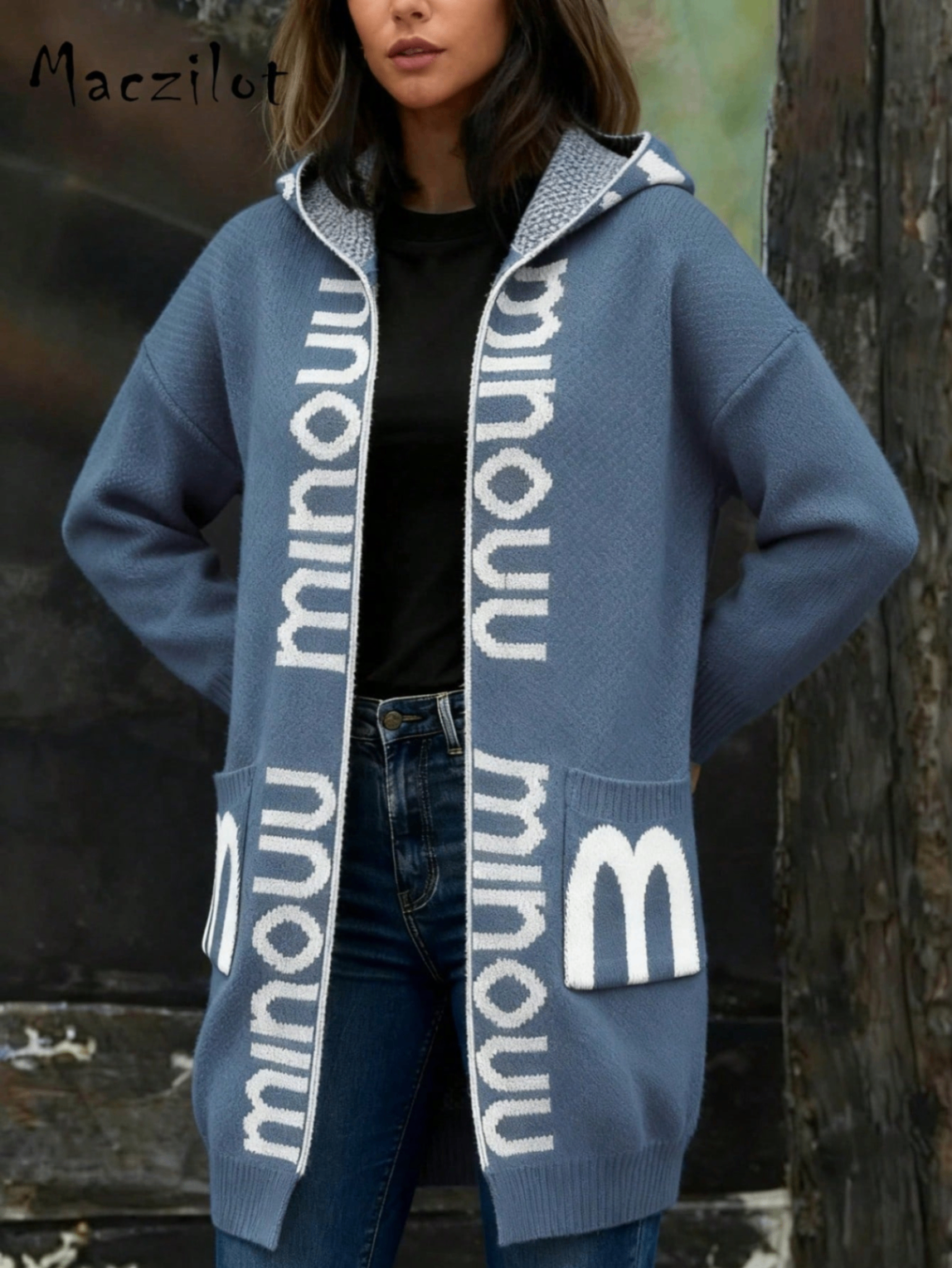 Women Loose Mid-length Hooded Knit Cardigan, Contrast Letter Jacquard Pockets Lazy Style Thick Sweater Coat for Fall Winter