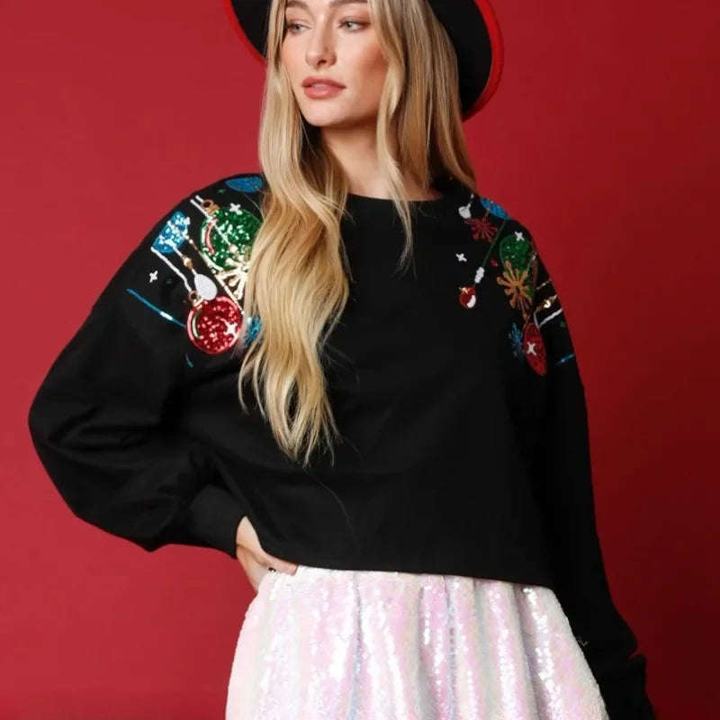 Women's Christmas Sequined Round Neck Holiday Pullover Sweater
