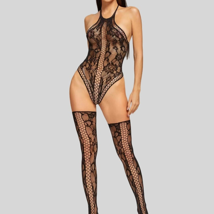 Lace-Up Sheer Fishnet Bodysuit & Thigh-High Stockings Set