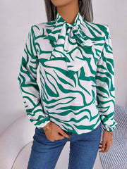 Women's Elegant Color Block Stripe Tie Waist Lantern Sleeve Chiffon Top
