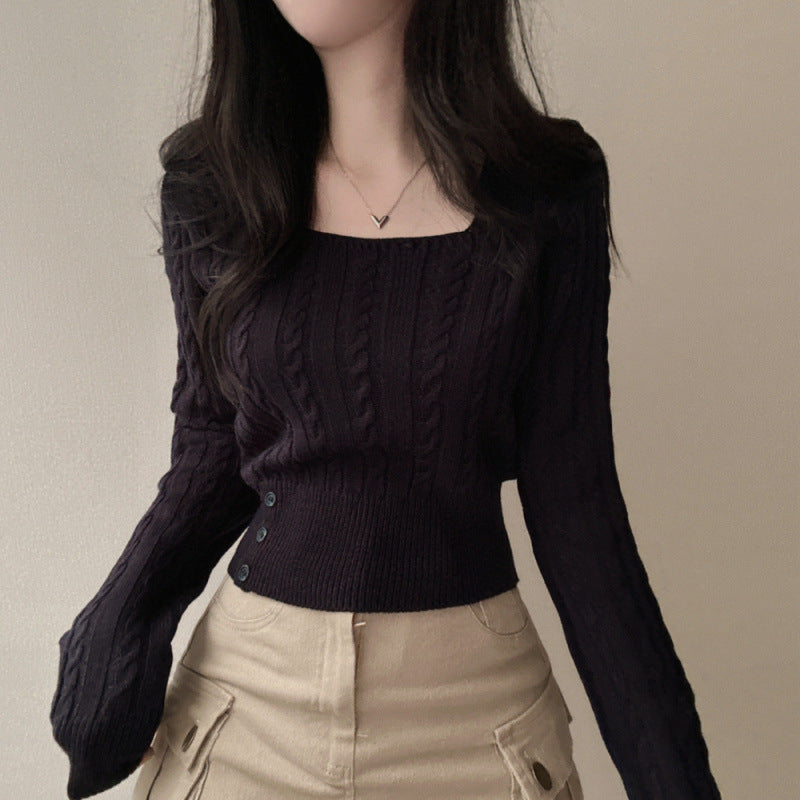Retro Twist Knitted Sweater Single Row Button Square Collar Solid Color Underwear Top