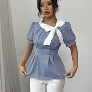 Color-Blocked A-Line Short Sleeve Shirt – Elegant Blue Stripes