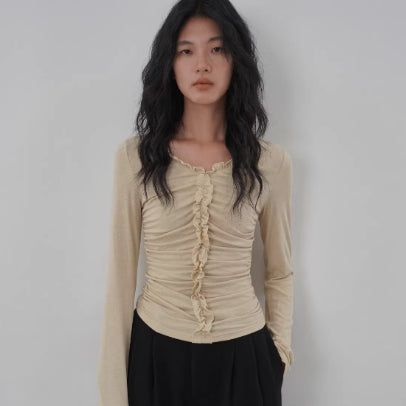Ruffle-trimmed Pleated Long-sleeve T-shirt Top For Women Stylish Slim-fit Inner Layering Piece