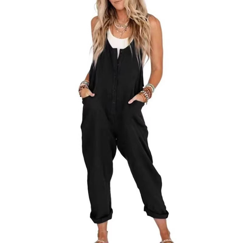 Women's Casual Loose Solid-Color Suspender Jumpsuit