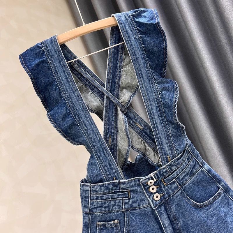Women's Blue Denim Suspender Shorts Casual Romper