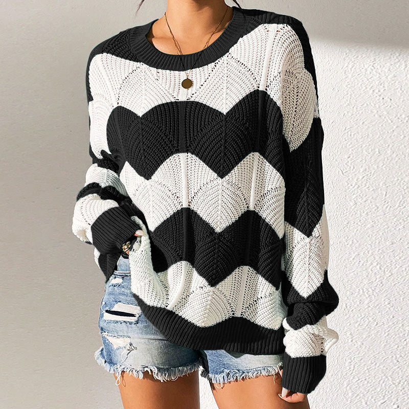 Womens Loose-fit Crew-neck Color-block Striped Long-sleeve Sweater