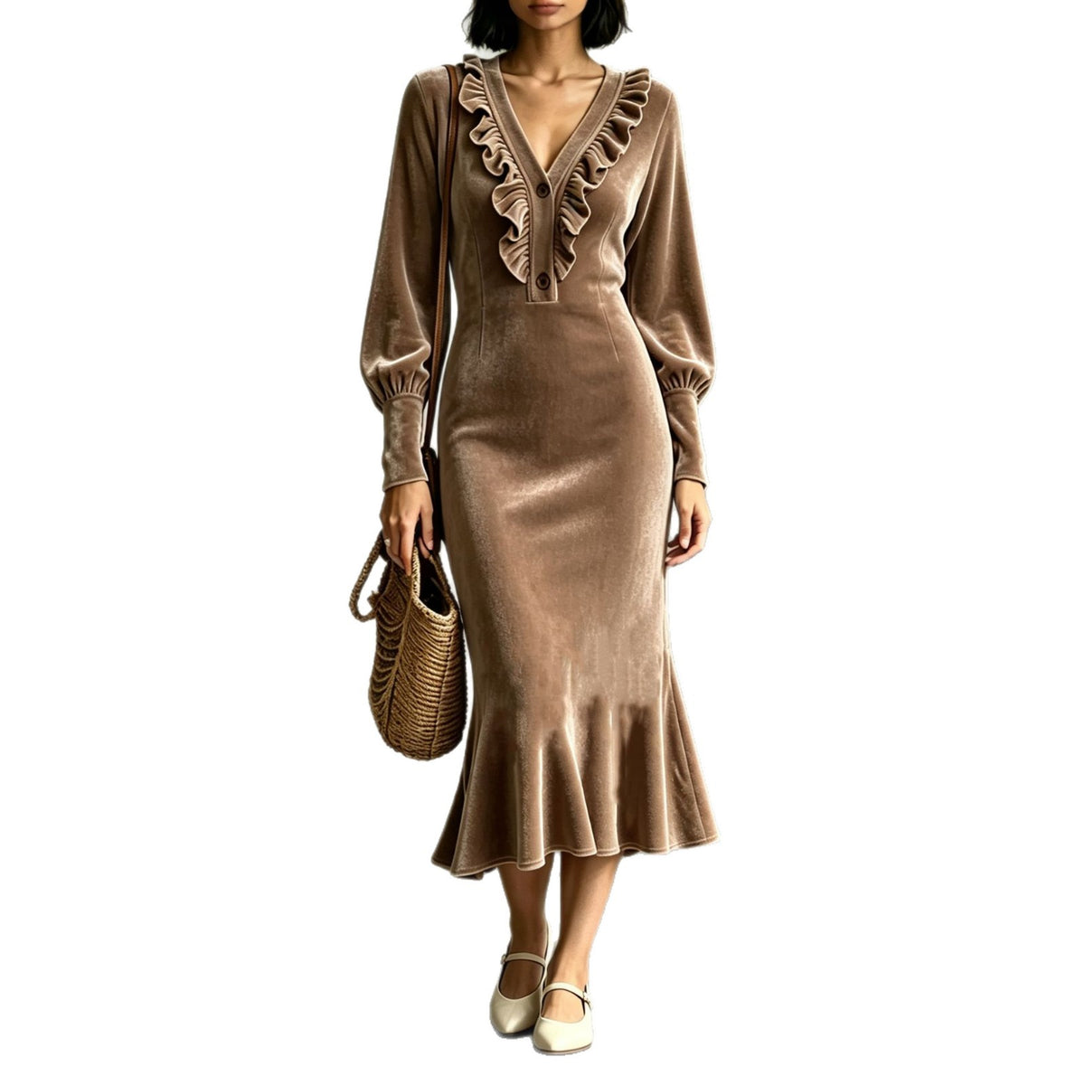 Velvet V-Neck Ruffled Slim Fishtail Dress