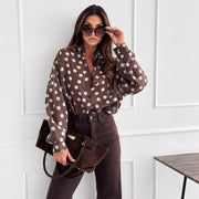 Womens Minimalist Long-Sleeve Polka-Dot Waist-Cinching Office-Ready Shirt