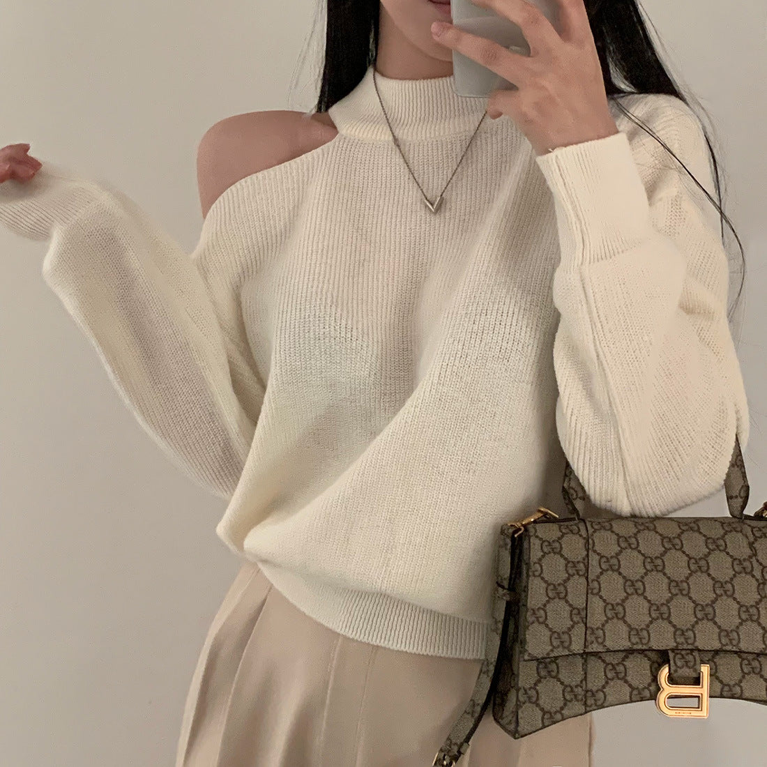 Retro Crew Neck Hollow Out Shoulder-baring Loose Sweater