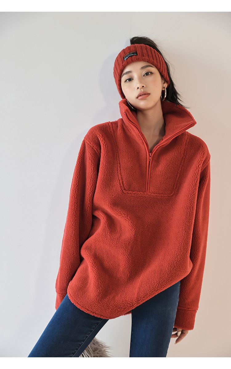 Winter Fleece-lined Zipped Stand Collar Coat Casual Loose-fitting Women's Sweater