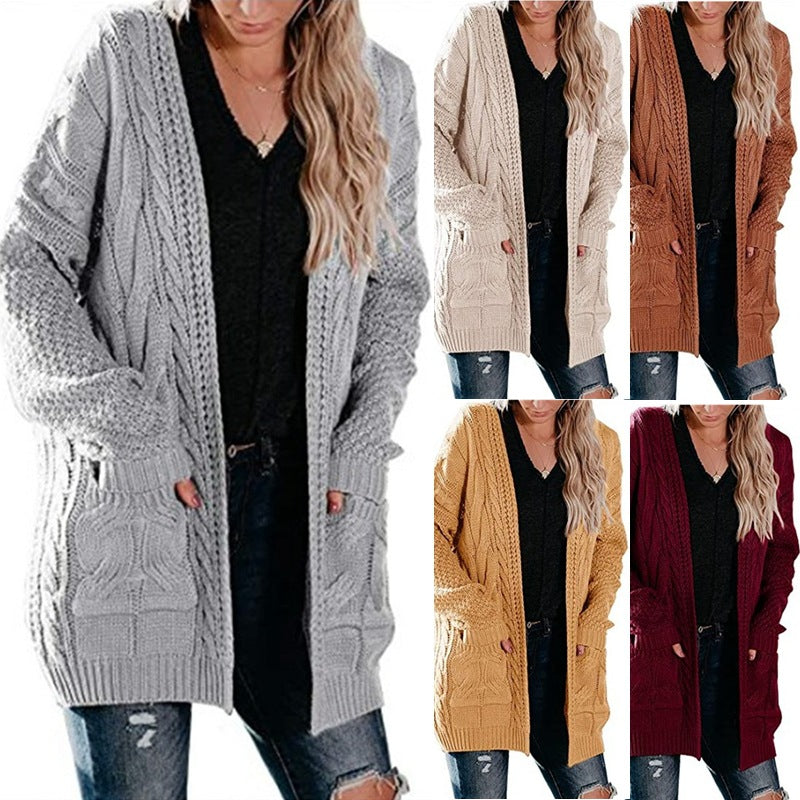 Women's Mid-length Twist Pocket Knitted Cardigan Sweater