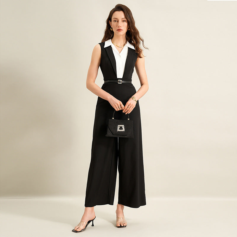 Chic Black & White Contrast Sleeveless Jumpsuit