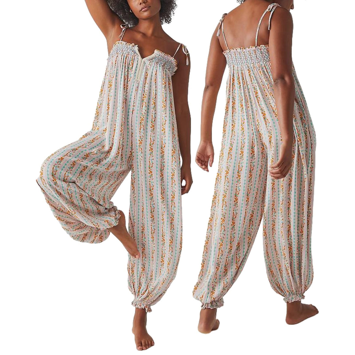 Womens Printed Loose-Fit Figure-Flattering Jumpsuit