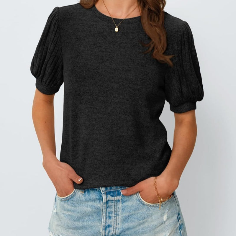 Women's Loose Fit Short Sleeve Crew Neck Top – Solid Elastic Cuff