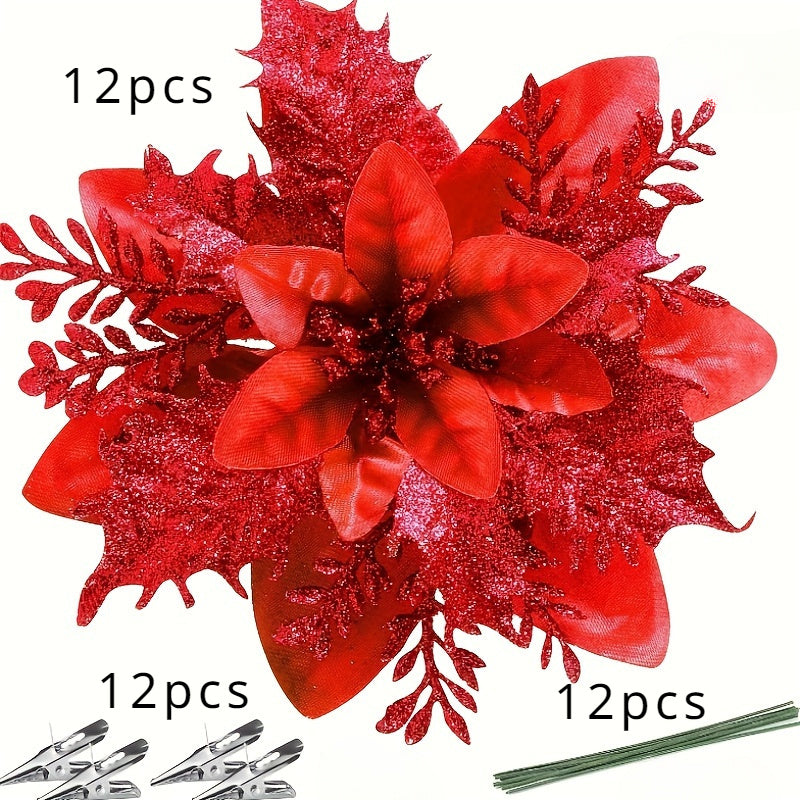 36pcs Glittering Christmas Star and Flower Hanging Ornaments Set with Clips and Stems - Perfect for Christmas Tree, Wreaths, Holiday Decorations, and Home Décor Multi-Purpose Gift