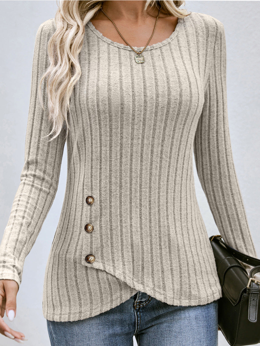 Women's Slim Fit Button Round Neck Ribbed Sweater