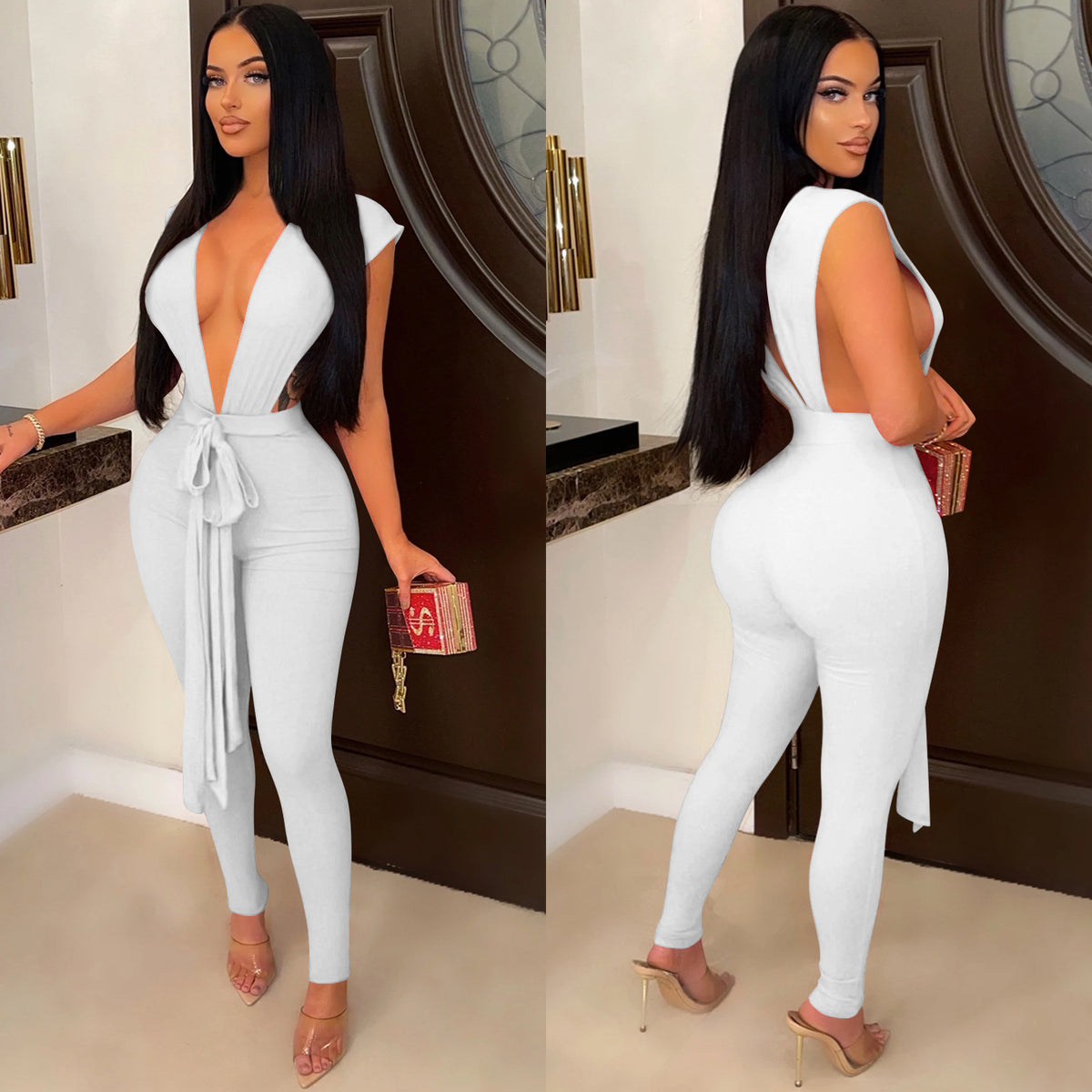 Women's Deep V-Neck Sleeveless Bandage Jumpsuit