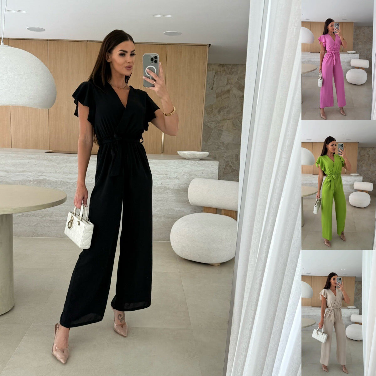 Chic V-Neck Lace-Up Waist Straight-Leg Jumpsuit