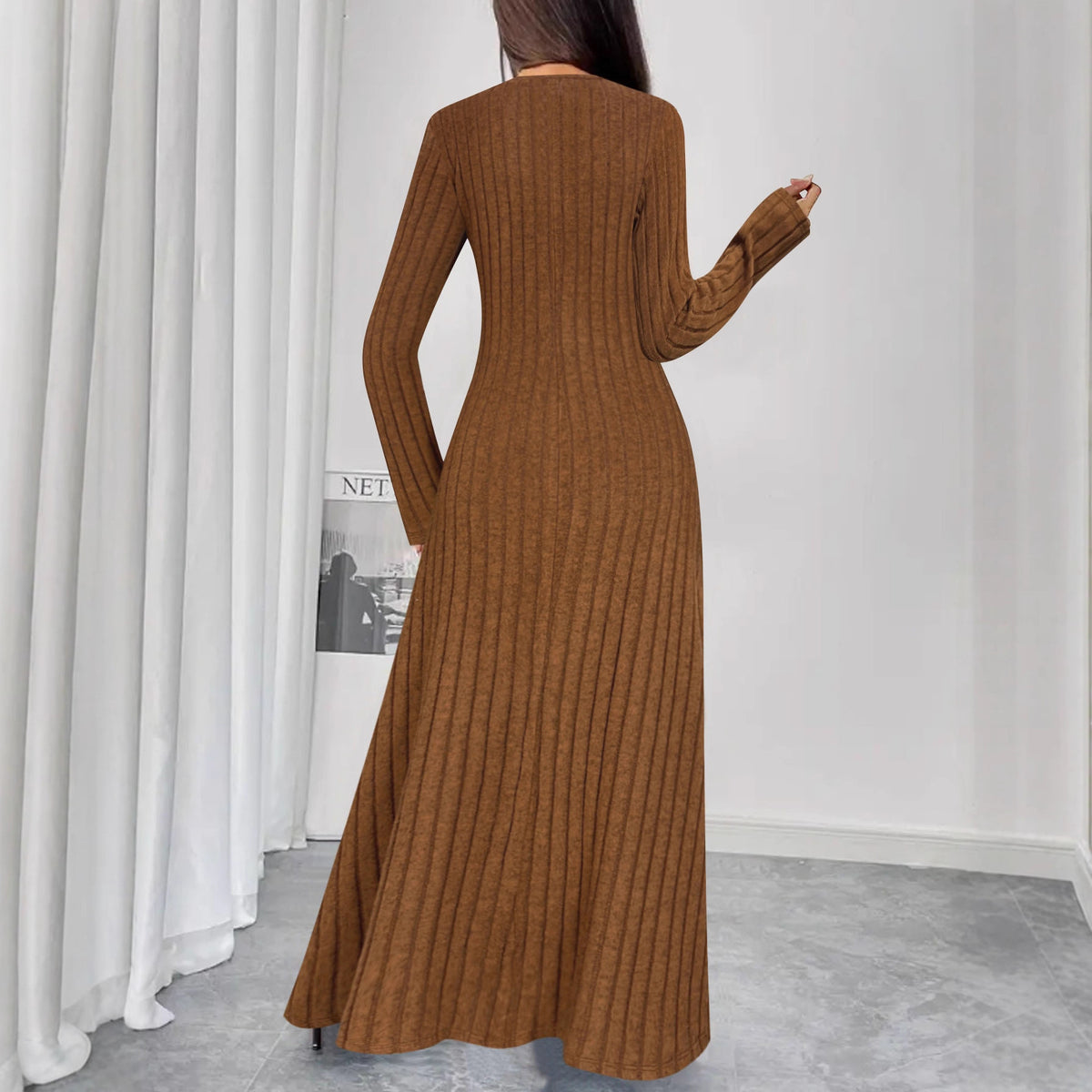 Ribbed Knit V-Neck Half-Button Maxi Dress